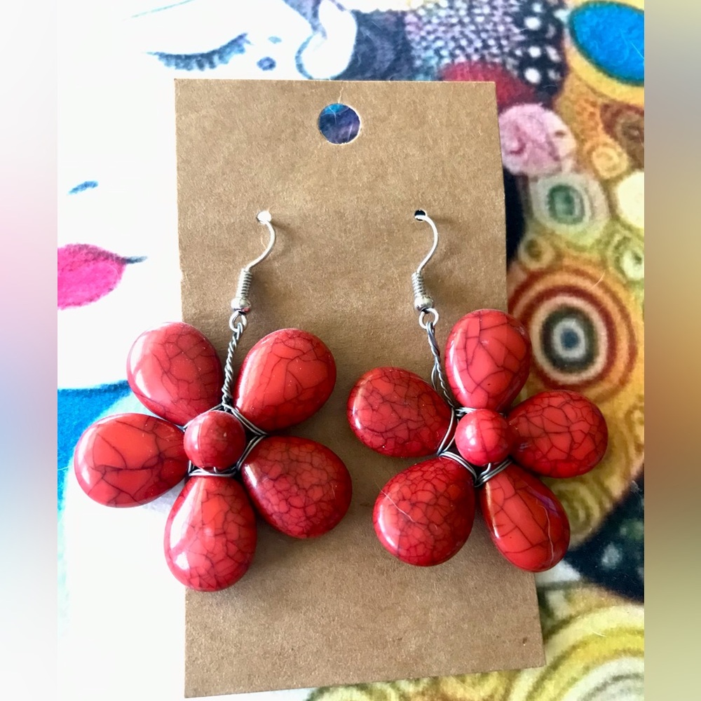 2 for $10. Red Floral Drop Earrings - Picture 3 of 3